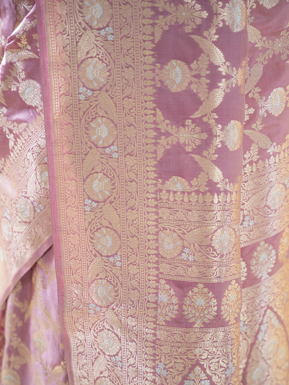 Dusty Pink Jaal Uppada Katan Silk Handloom Banarasi Saree - Sacred Weaves