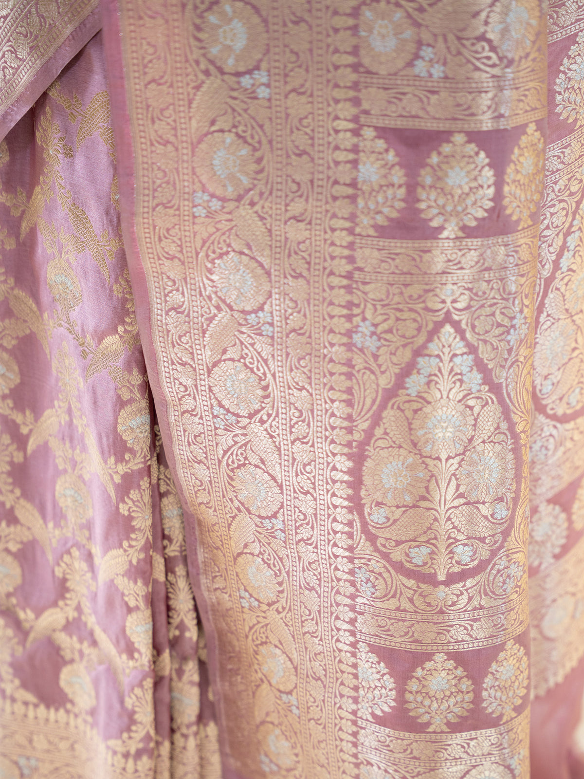 Dusty Pink Jaal Uppada Katan Silk Handloom Banarasi Saree - Sacred Weaves