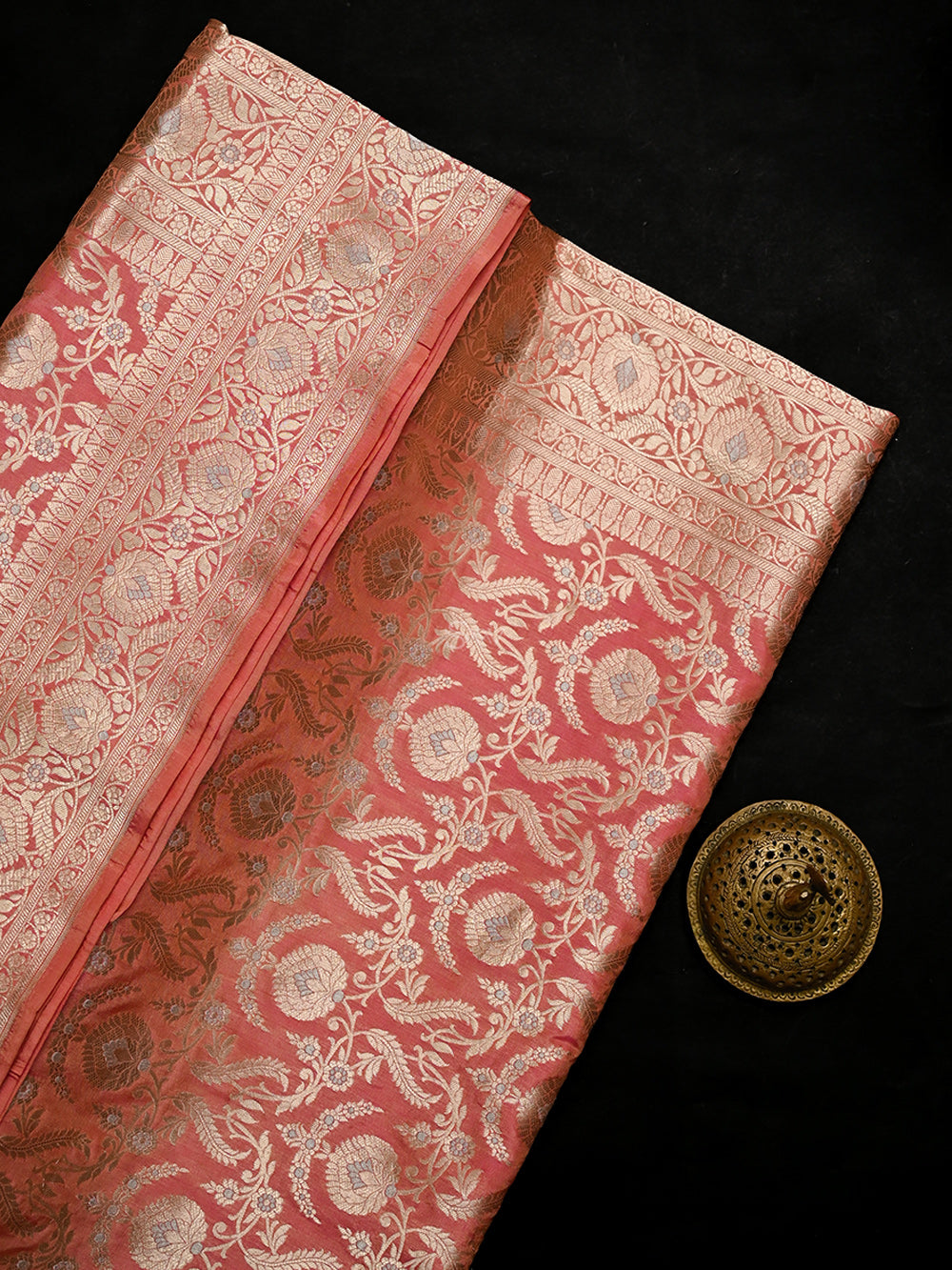Peach Pink Jaal Uppada Katan Silk Handloom Banarasi Saree - Sacred Weaves