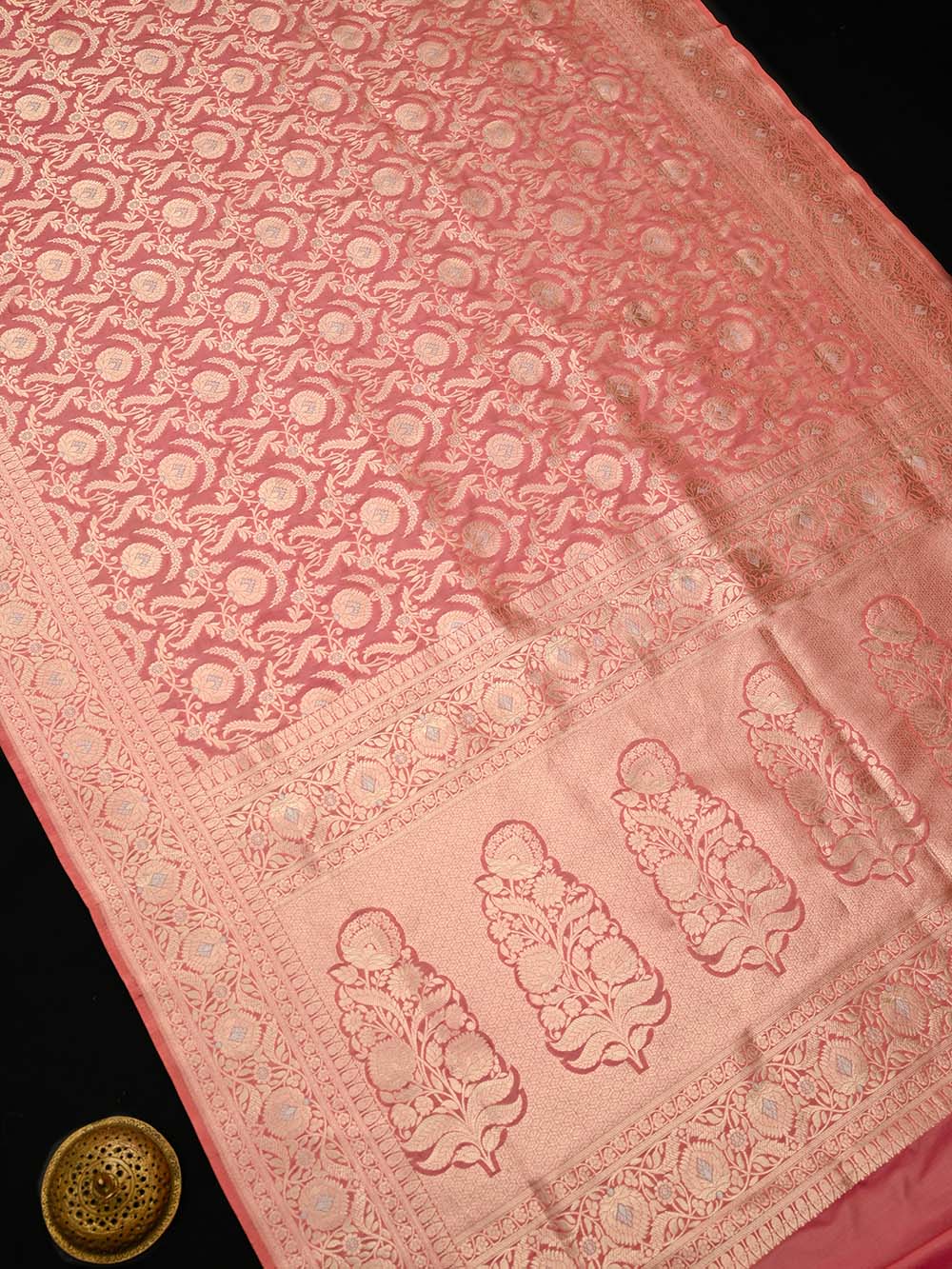 Peach Pink Jaal Uppada Katan Silk Handloom Banarasi Saree - Sacred Weaves