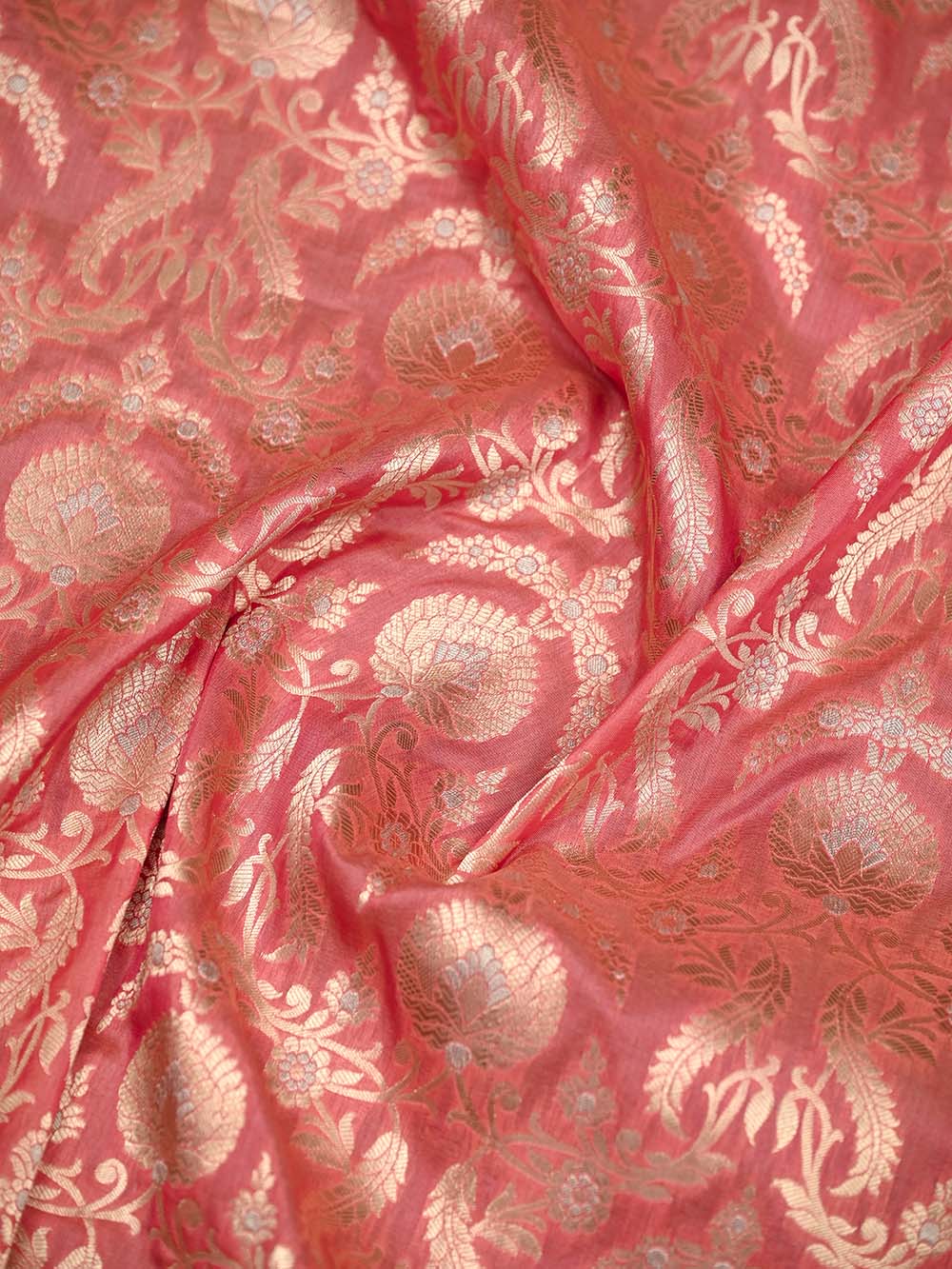 Peach Pink Jaal Uppada Katan Silk Handloom Banarasi Saree - Sacred Weaves