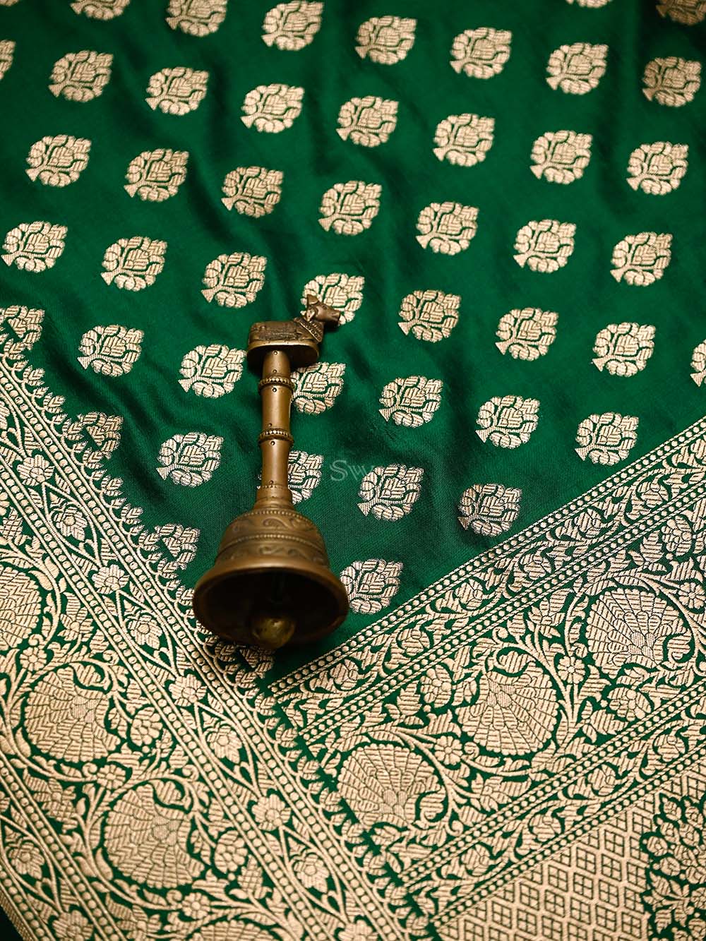Bottle Green Booti Katan Silk Uppada Handloom Banarasi Saree - Sacred Weaves