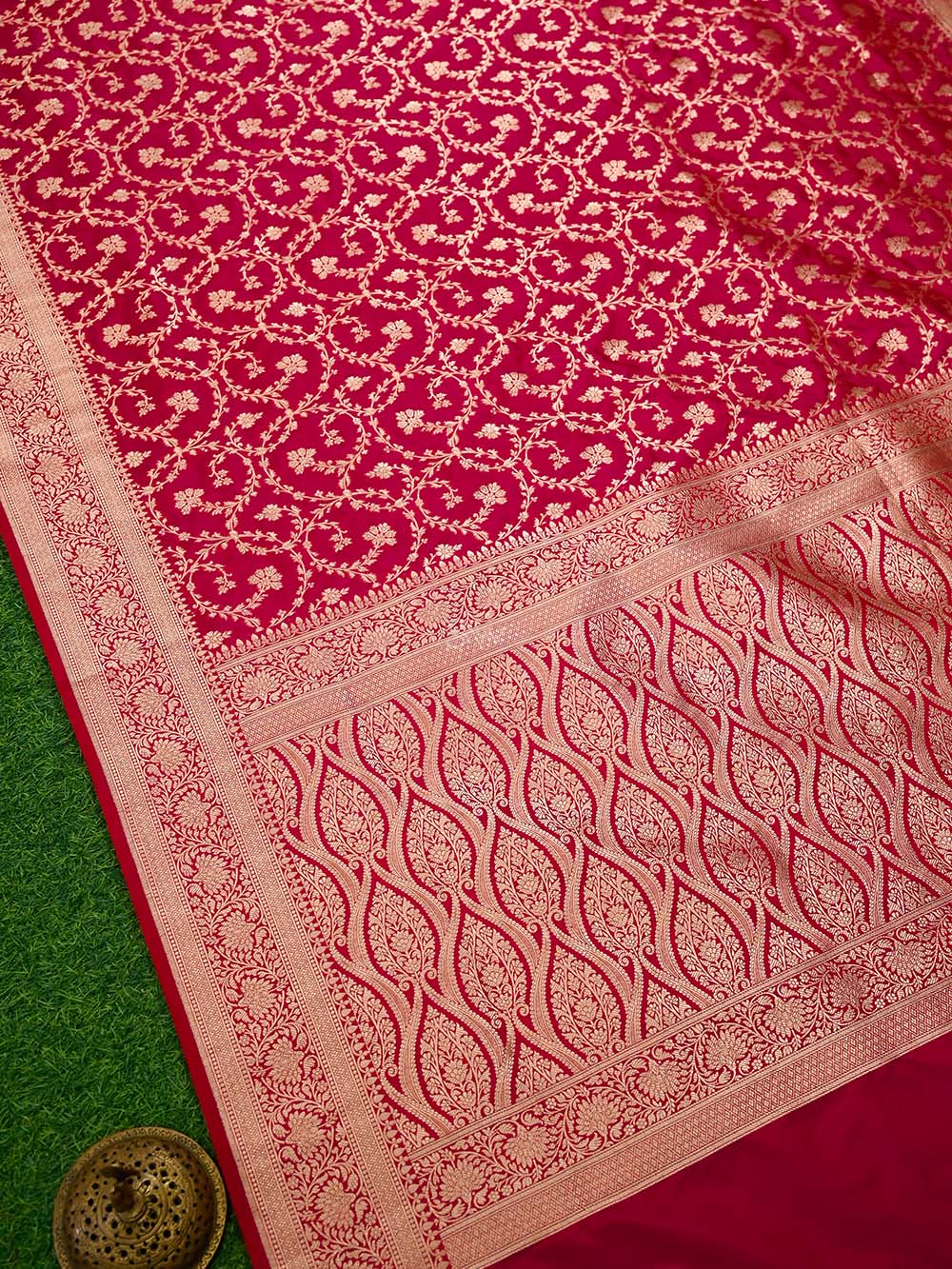 Dark Pink Jaal Uppada Katan Silk Handloom Banarasi Saree - Sacred Weaves