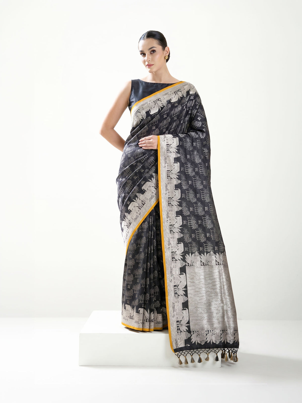 Black Boota Satin Tissue Handloom Banarasi Saree - Sacred Weaves