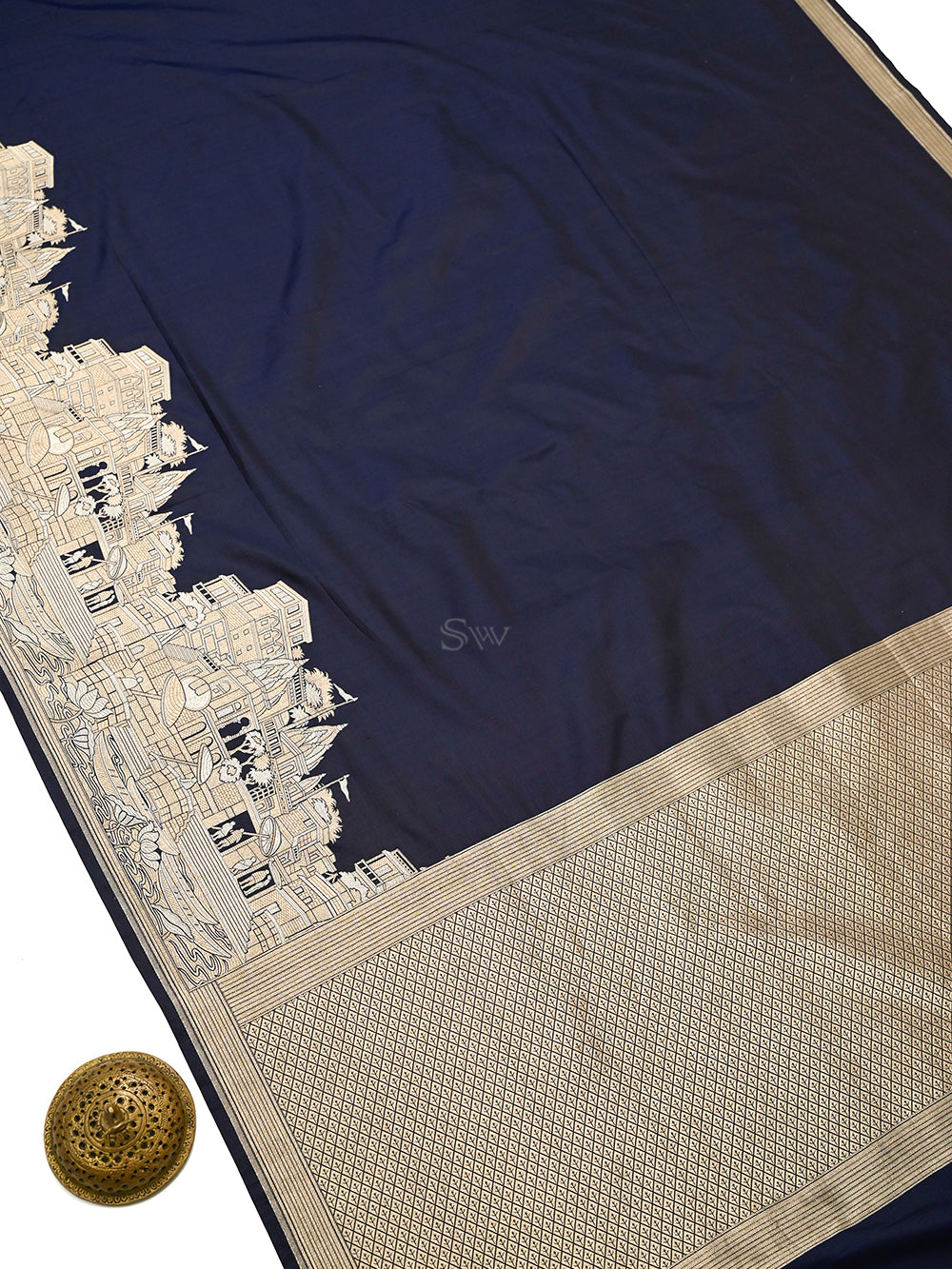 Navy Blue Katan Silk Handloom Banarasi Saree - Sacred Weaves