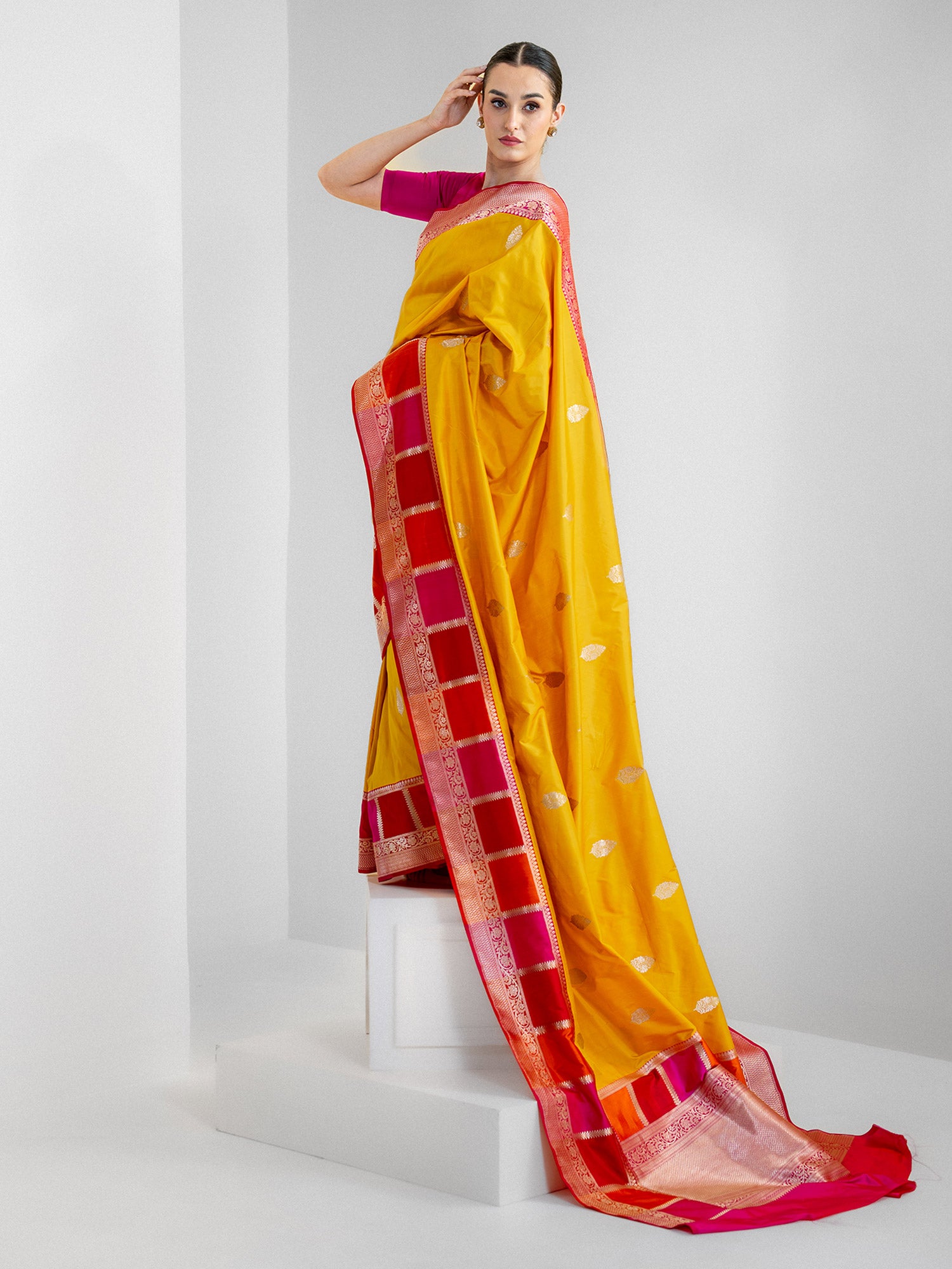 Yellow Boota Katan Silk Handloom Banarasi Saree - Sacred Weaves
