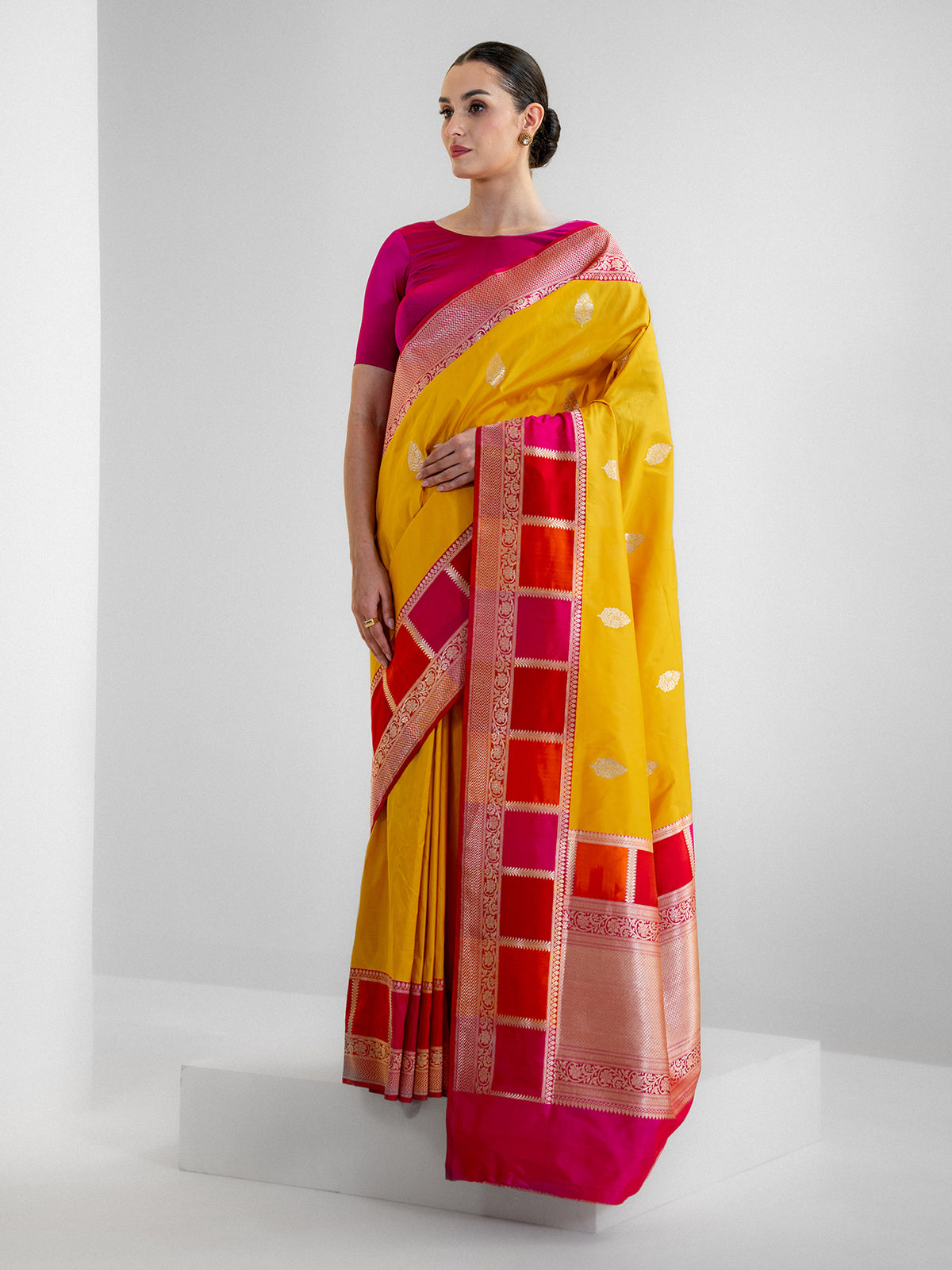 Yellow Boota Katan Silk Handloom Banarasi Saree - Sacred Weaves