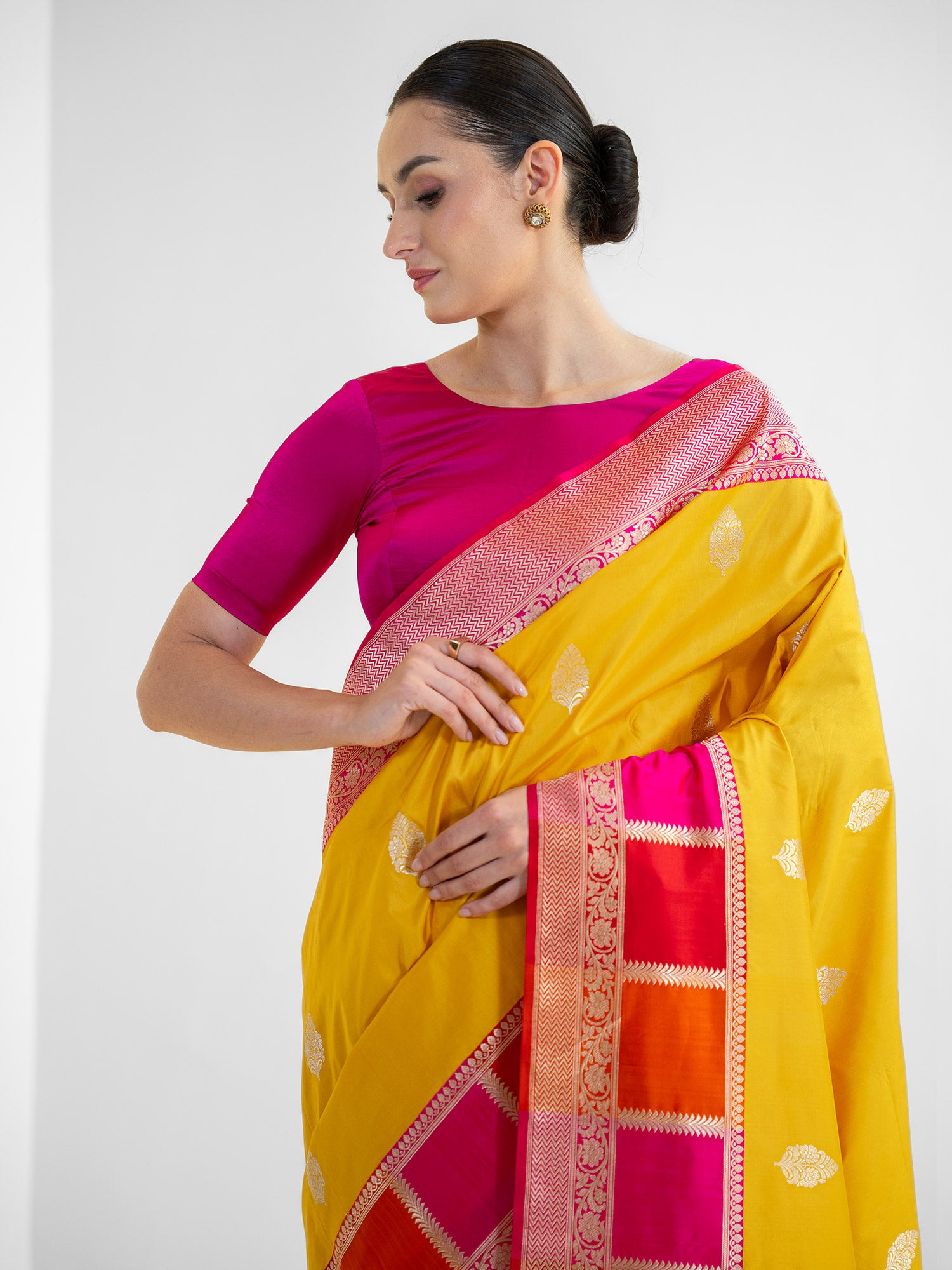Yellow Boota Katan Silk Handloom Banarasi Saree - Sacred Weaves