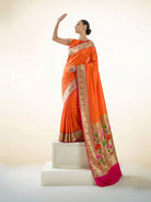 Orange Pink Plain Paithani Katan Silk Handloom Banarasi Saree - Sacred Weaves