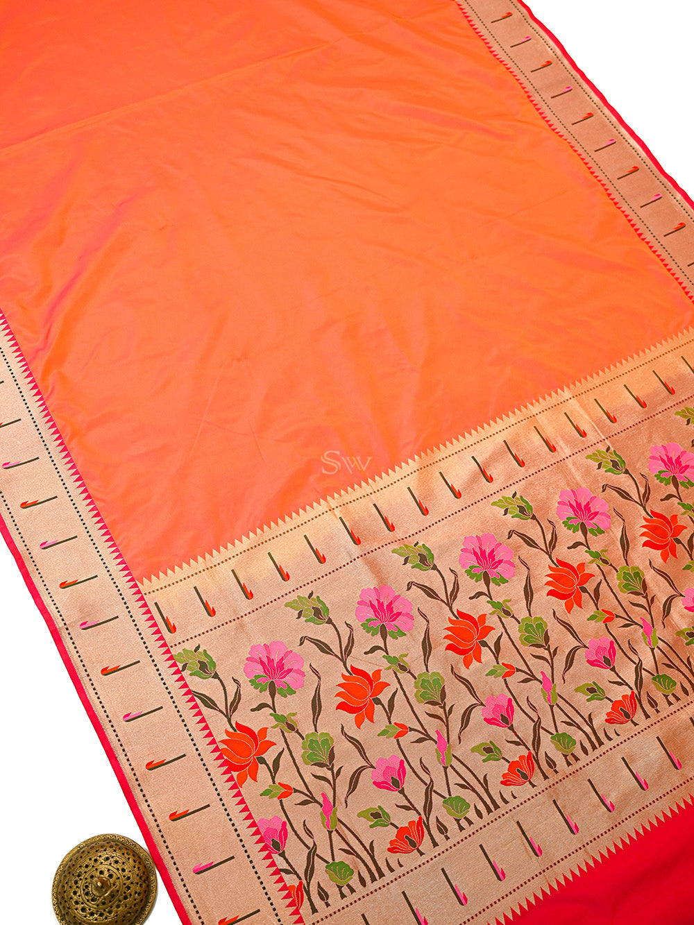 Orange Pink Plain Paithani Katan Silk Handloom Banarasi Saree - Sacred Weaves