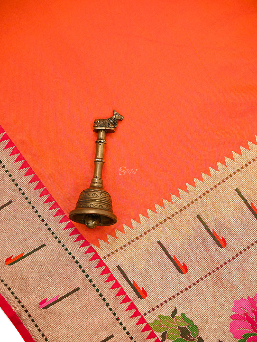 Orange Pink Plain Paithani Katan Silk Handloom Banarasi Saree - Sacred Weaves