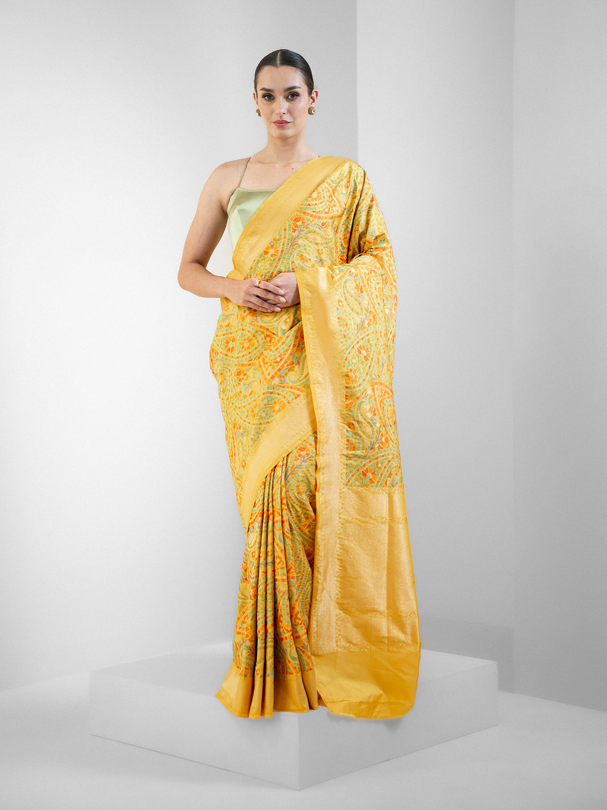 Yellow Jaal Katan Silk Handloom Banarasi Saree - Sacred Weaves