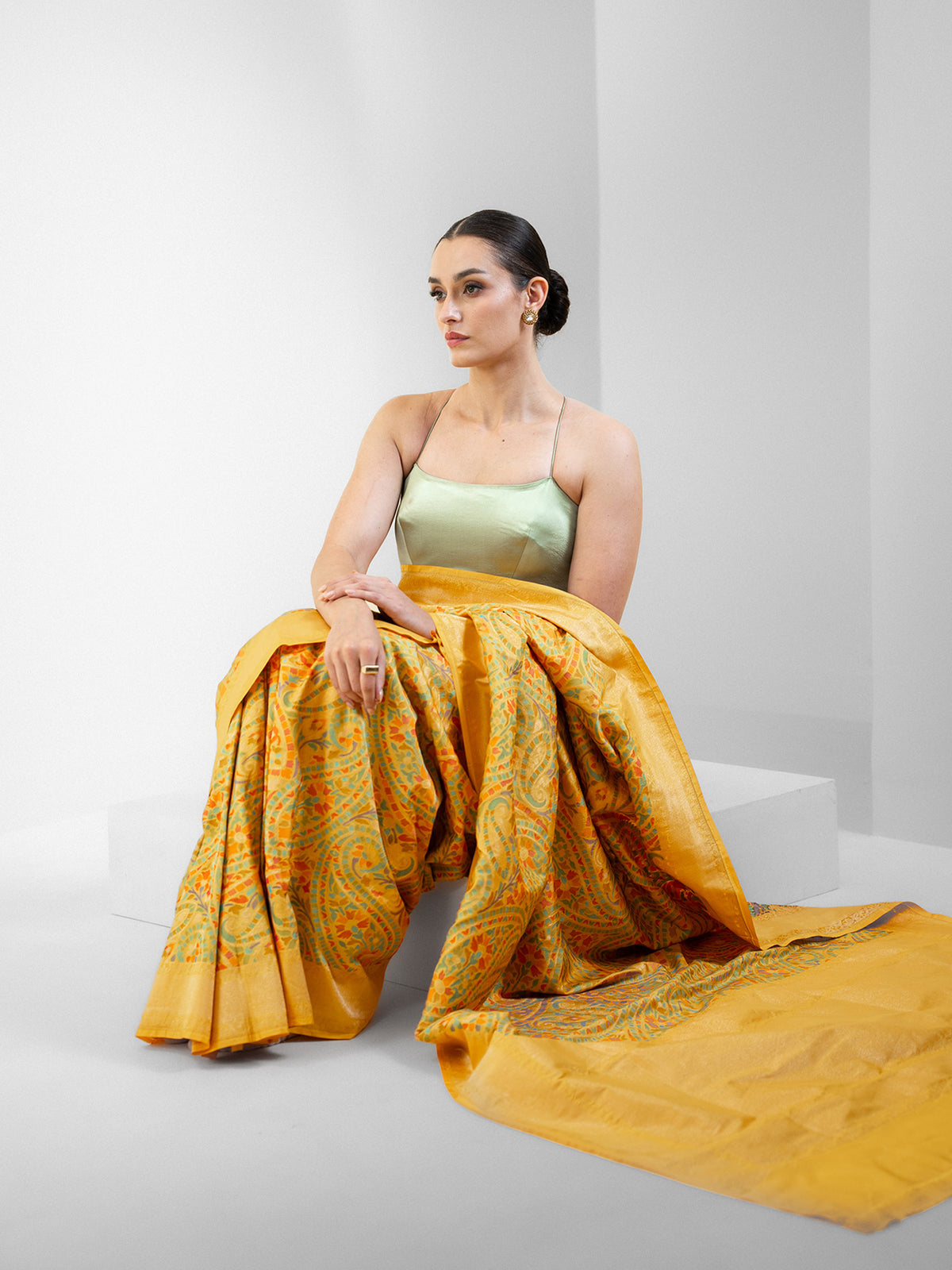 Yellow Jaal Katan Silk Handloom Banarasi Saree - Sacred Weaves