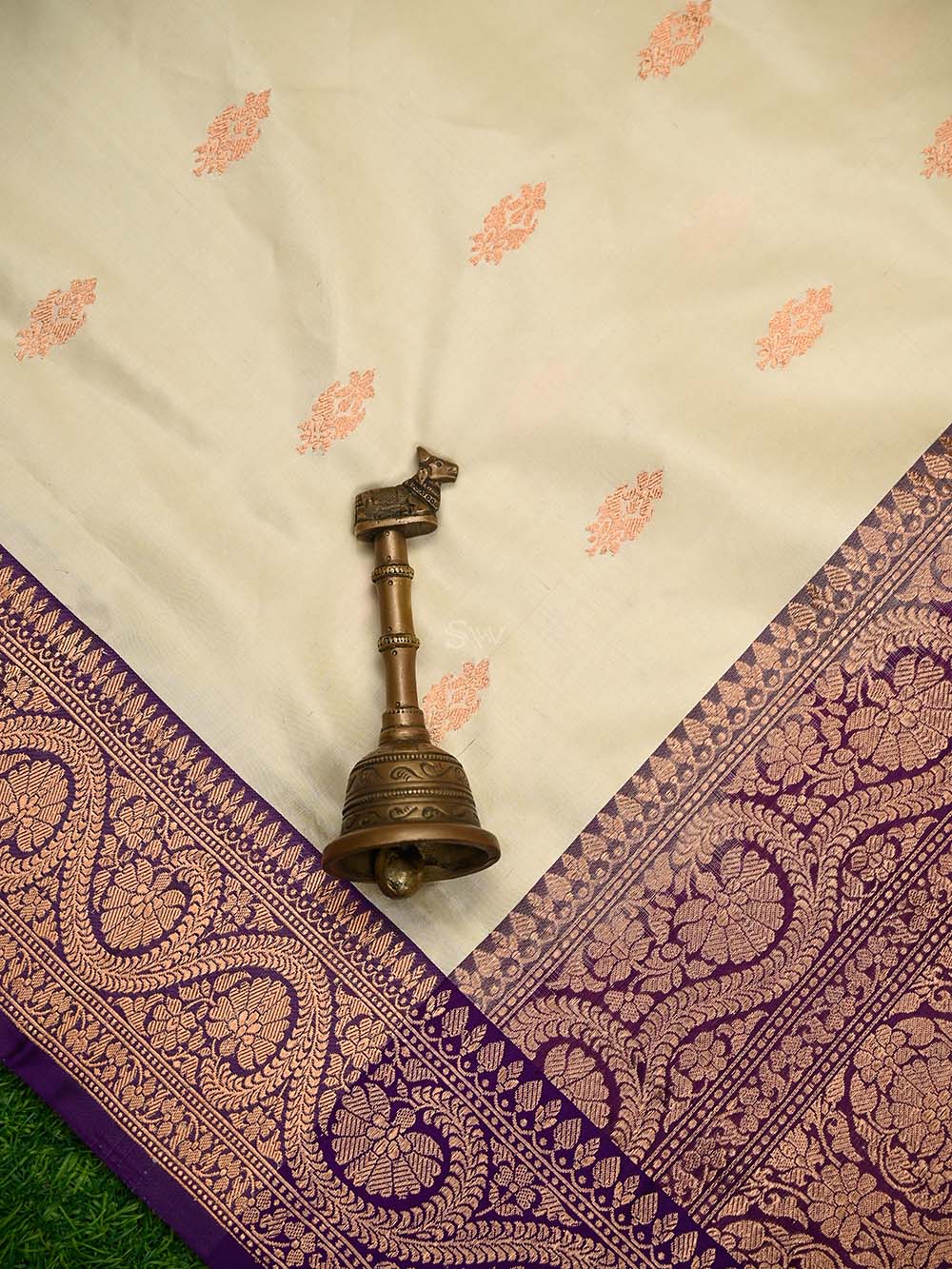 Cream Boota Katan Silk Handloom Banarasi Saree - Sacred Weaves