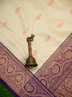 Cream Boota Katan Silk Handloom Banarasi Saree - Sacred Weaves