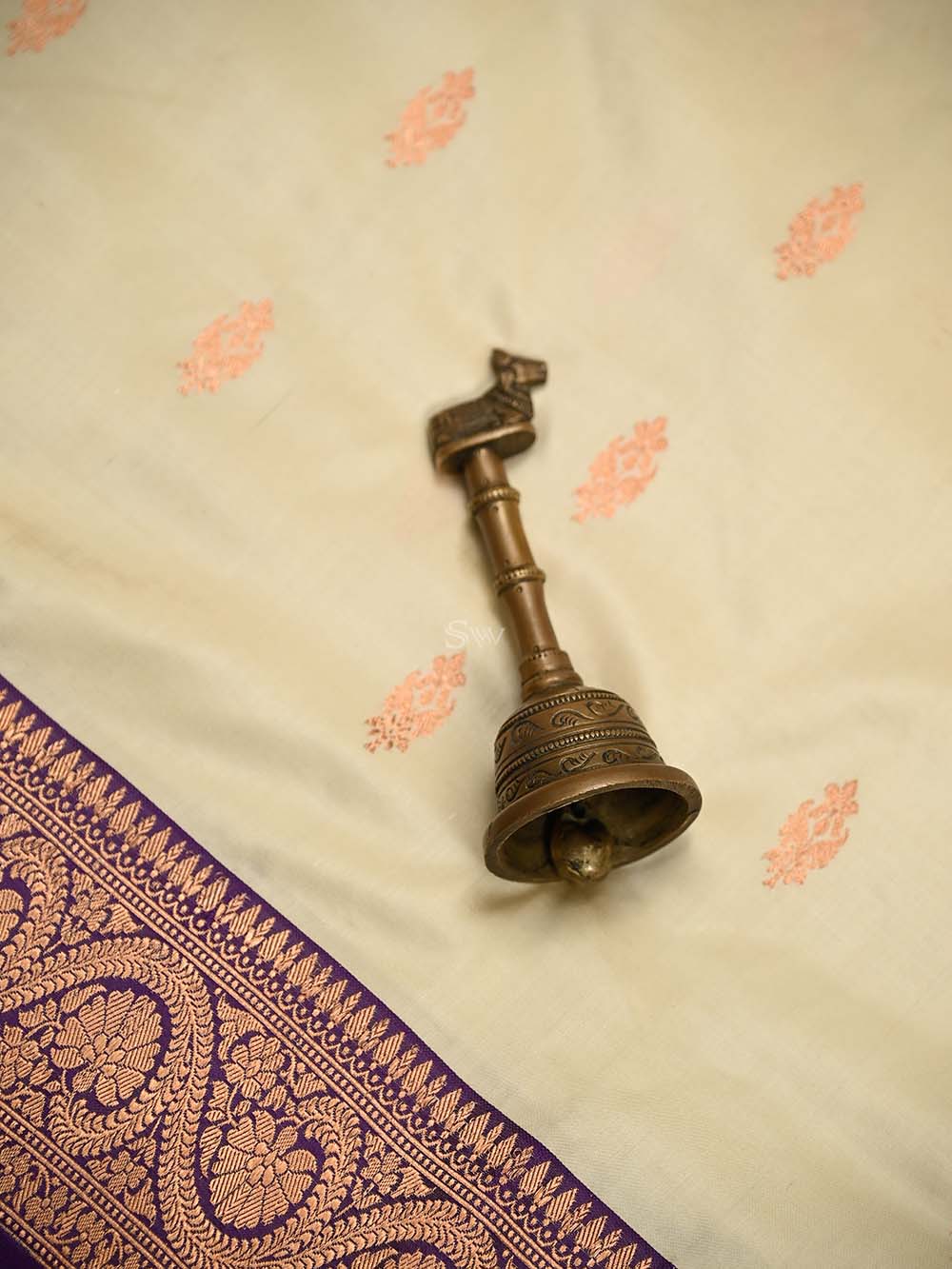 Cream Boota Katan Silk Handloom Banarasi Saree - Sacred Weaves