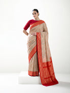 Beige Red Booti Tussar Silk Handloom Banarasi Saree - Sacred Weaves