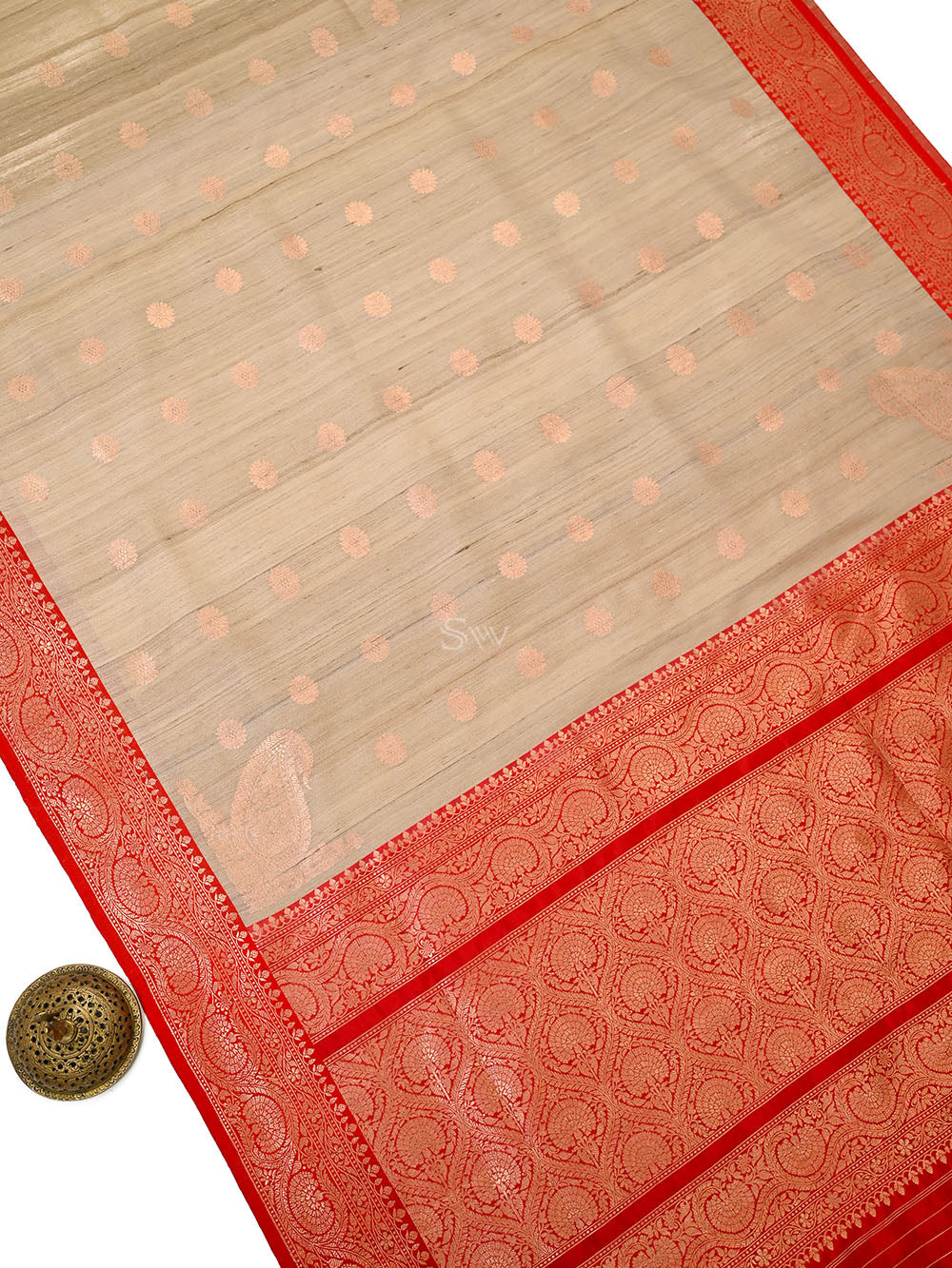 Beige Red Booti Tussar Silk Handloom Banarasi Saree - Sacred Weaves
