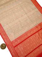 Beige Red Booti Tussar Silk Handloom Banarasi Saree - Sacred Weaves