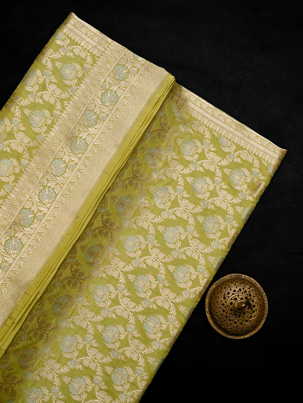 Lime Yellow Jaal Uppada Katan Silk Handloom Banarasi Saree - Sacred Weaves