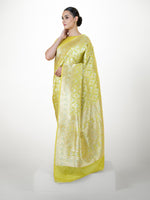 Lime Yellow Jaal Uppada Katan Silk Handloom Banarasi Saree - Sacred Weaves
