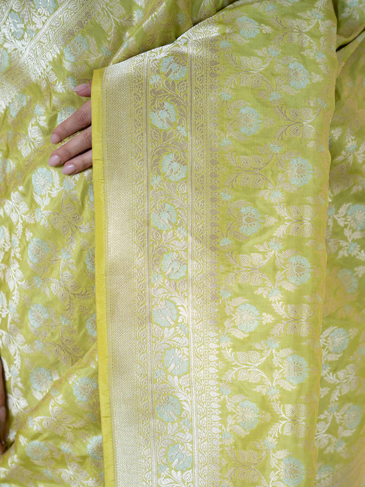 Lime Yellow Jaal Uppada Katan Silk Handloom Banarasi Saree - Sacred Weaves
