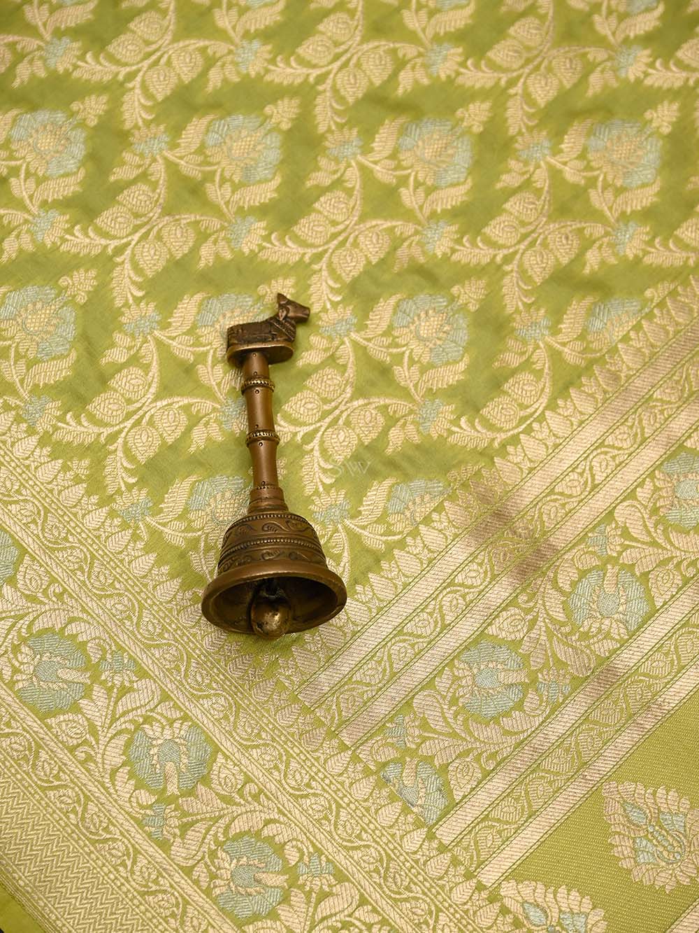 Lime Yellow Jaal Uppada Katan Silk Handloom Banarasi Saree - Sacred Weaves