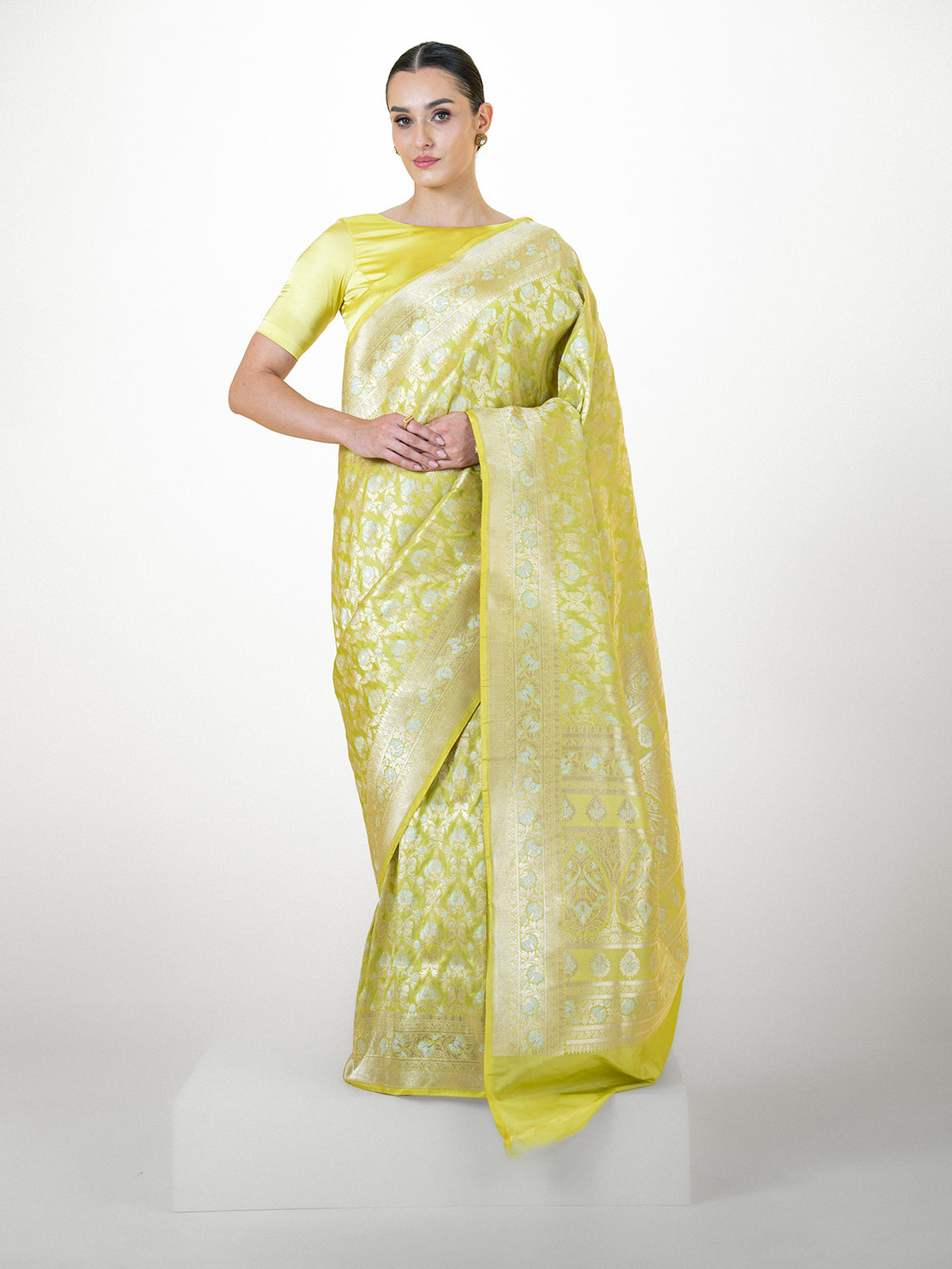 Lime Yellow Jaal Uppada Katan Silk Handloom Banarasi Saree - Sacred Weaves