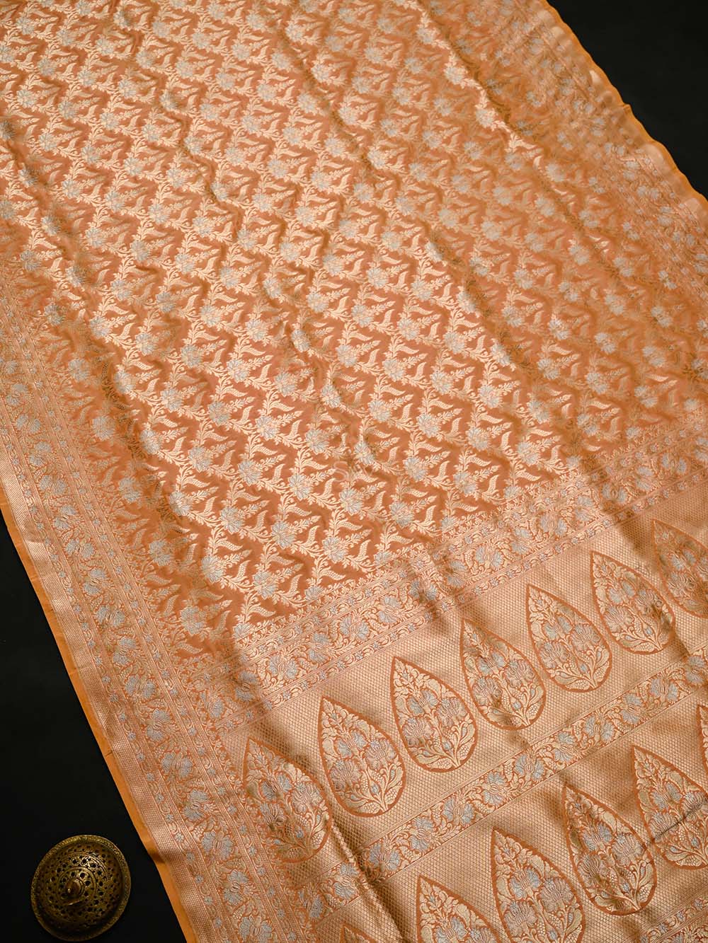 Coral Pink Uppada Katan Silk Handloom Banarasi Saree - Sacred Weaves