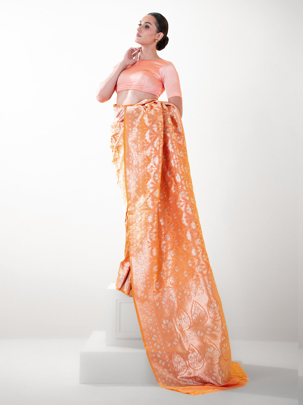 Coral Pink Uppada Katan Silk Handloom Banarasi Saree - Sacred Weaves