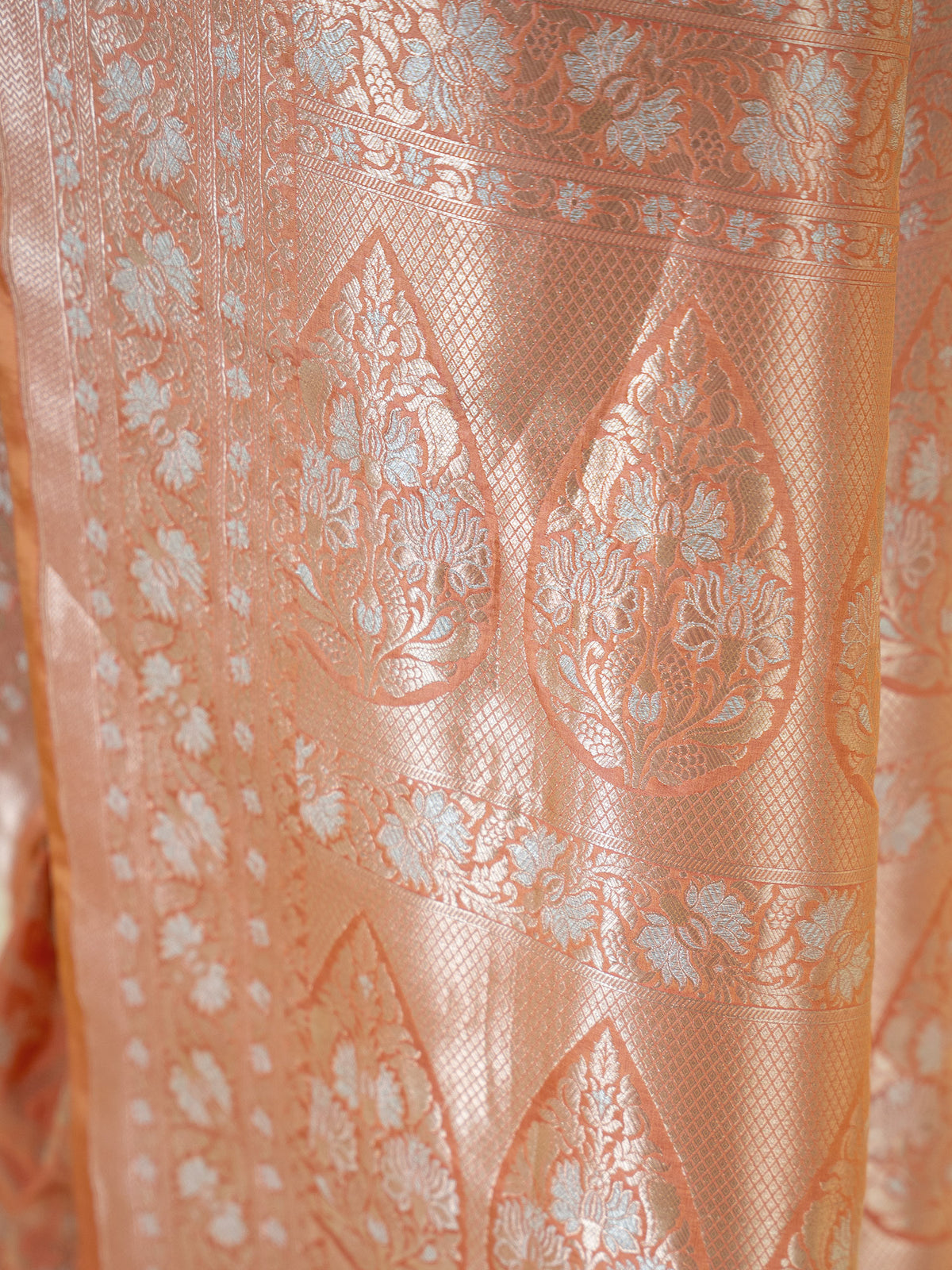 Coral Pink Uppada Katan Silk Handloom Banarasi Saree - Sacred Weaves