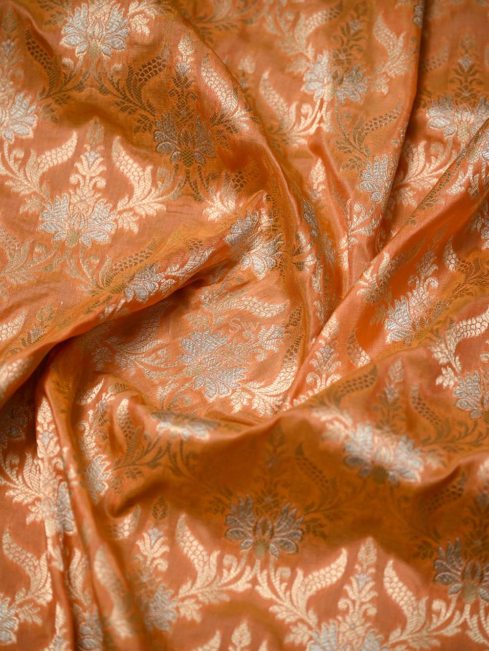 Coral Pink Uppada Katan Silk Handloom Banarasi Saree - Sacred Weaves