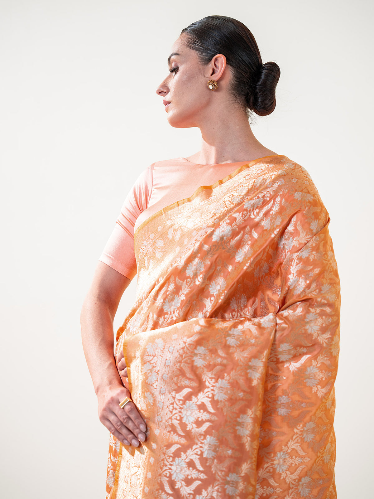 Coral Pink Uppada Katan Silk Handloom Banarasi Saree - Sacred Weaves