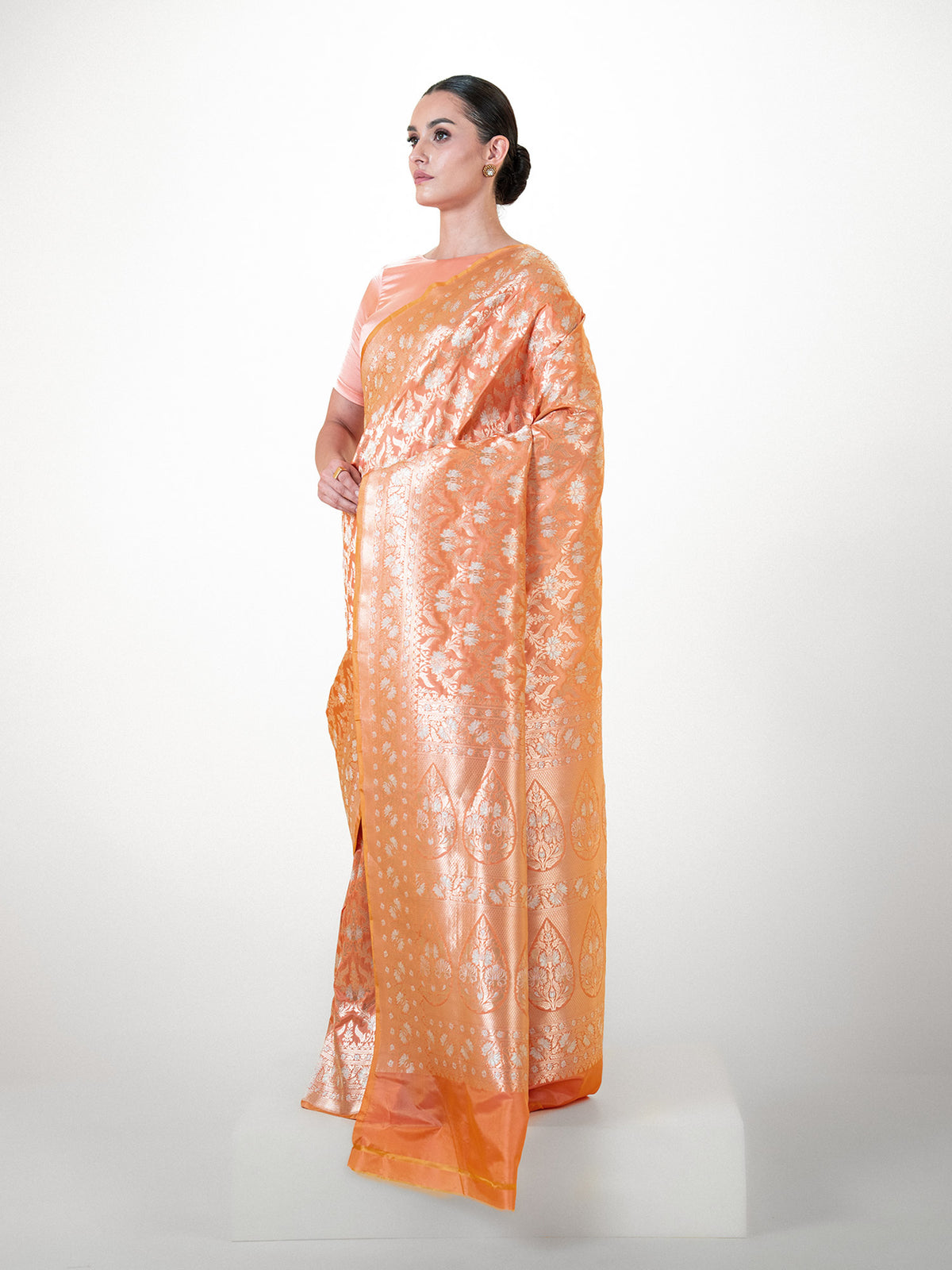 Coral Pink Uppada Katan Silk Handloom Banarasi Saree - Sacred Weaves