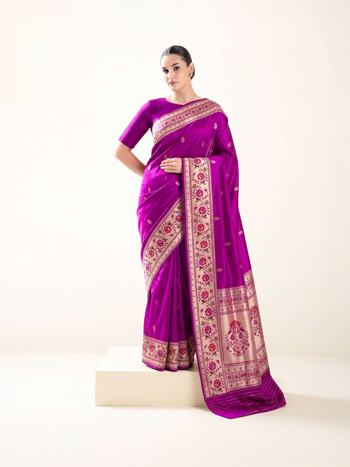 Dark Magenta Paithani Katan Silk Handloom Banarasi Saree - Sacred Weaves