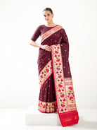 Wine Booti Paithani Katan Silk Handloom Banarasi Saree - Sacred Weaves