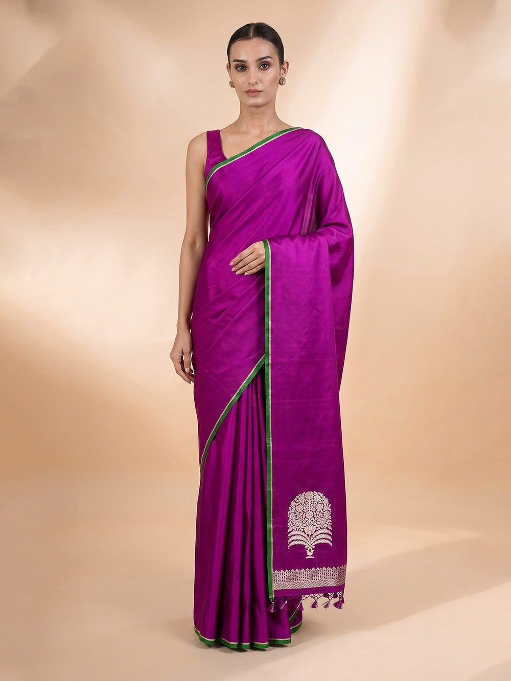 Dark Magenta Plain Satin Silk Handloom Banarasi Saree - Sacred Weaves