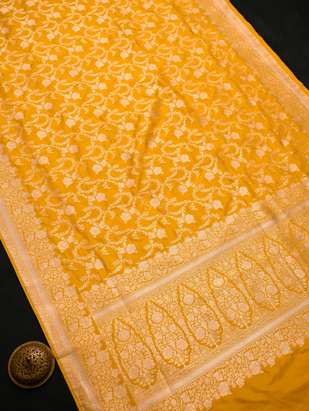Yellow Jaal Katan Silk Uppada Handloom Banarasi Saree - Sacred Weaves