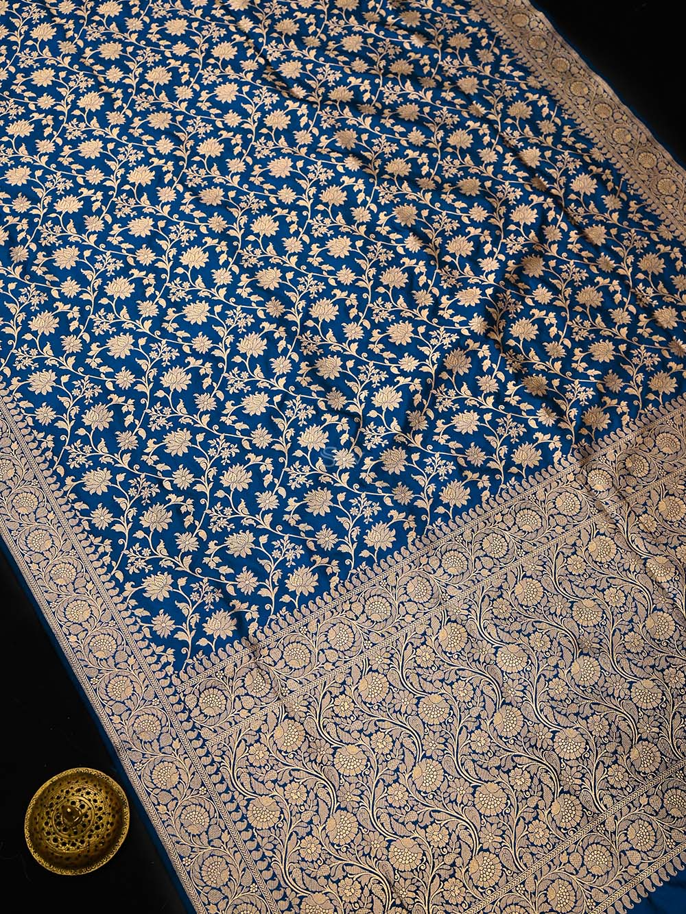 Midnight Blue Jaal Uppada Katan Silk Handloom Banarasi Saree - Sacred Weaves
