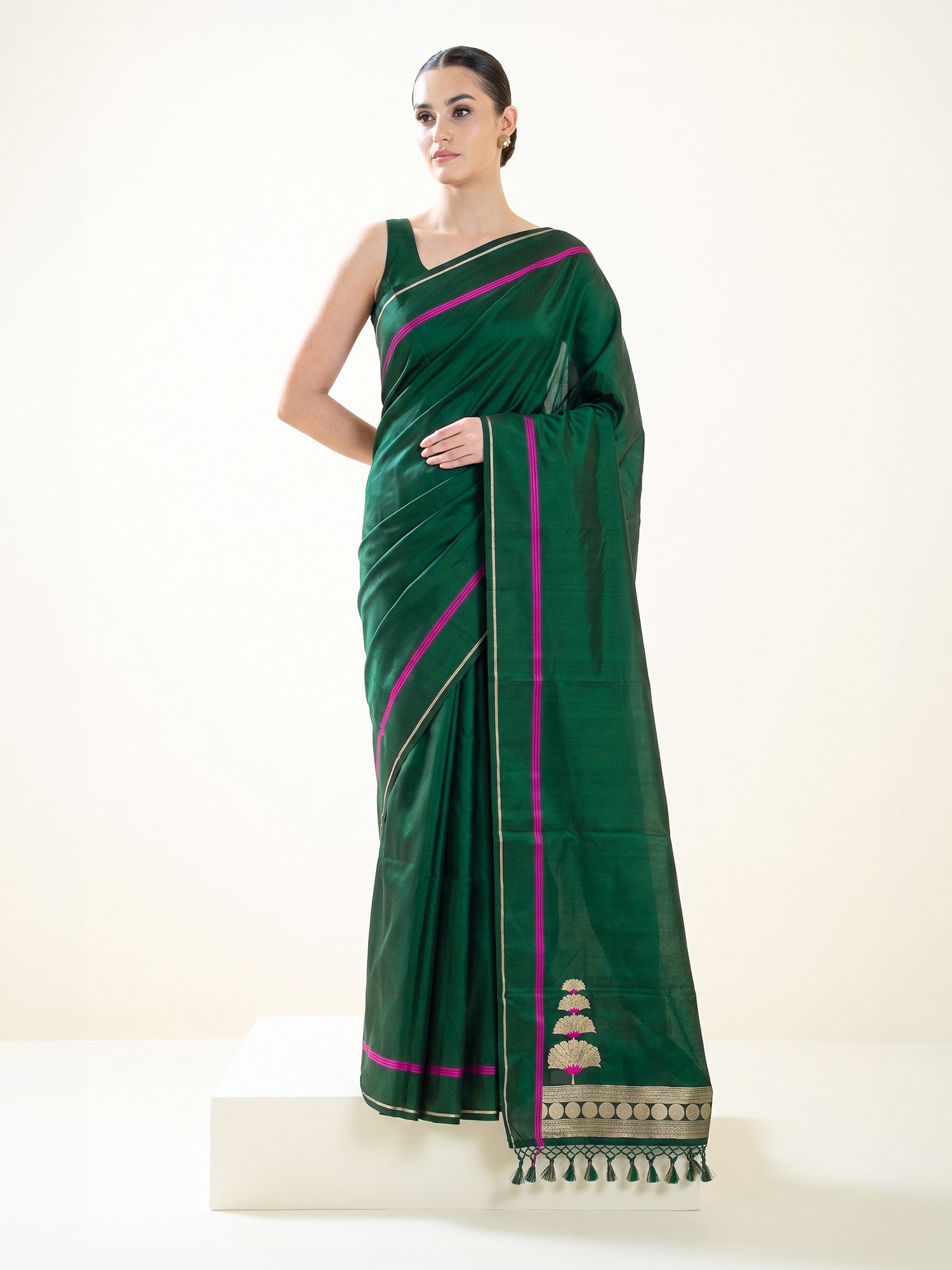 Bottle Green Plain Satin Silk Handloom Banarasi Saree - Sacred Weaves