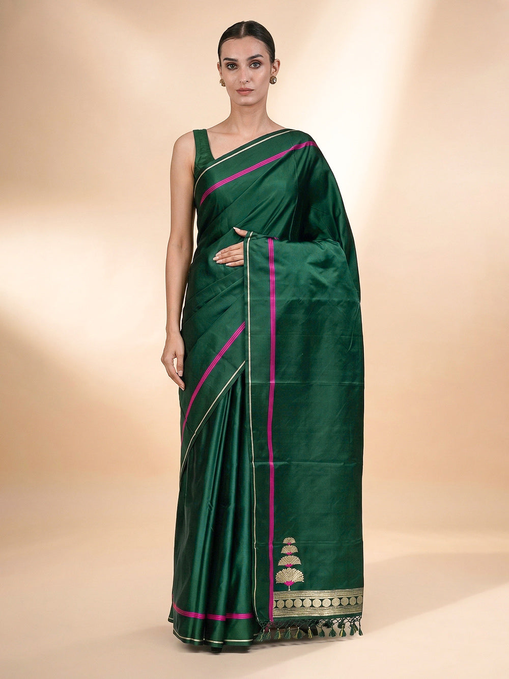 Bottle Green Plain Satin Silk Handloom Banarasi Saree - Sacred Weaves