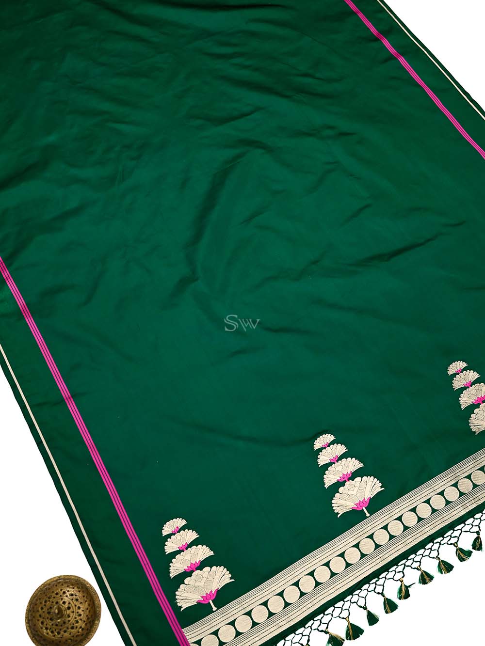 Bottle Green Plain Satin Silk Handloom Banarasi Saree - Sacred Weaves