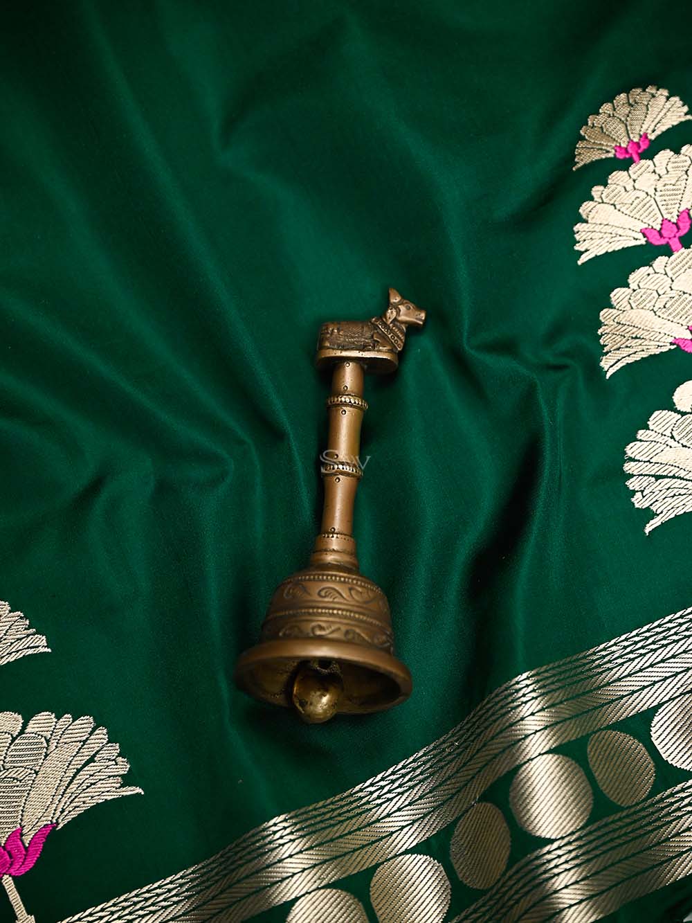Bottle Green Plain Satin Silk Handloom Banarasi Saree - Sacred Weaves