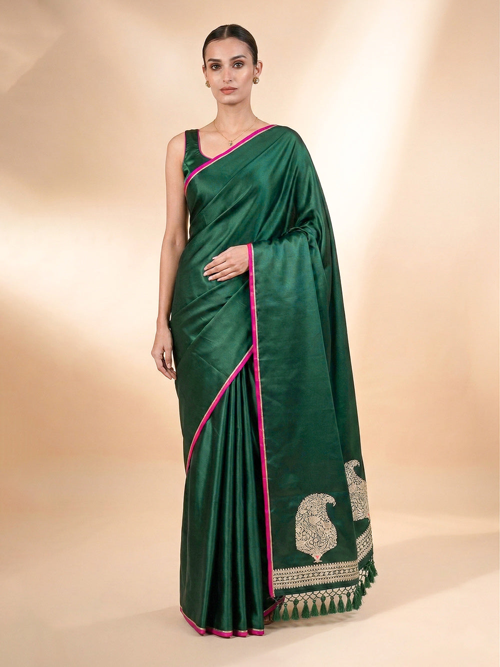 Bottle Green Plain Satin Silk Handloom Banarasi Saree - Sacred Weaves