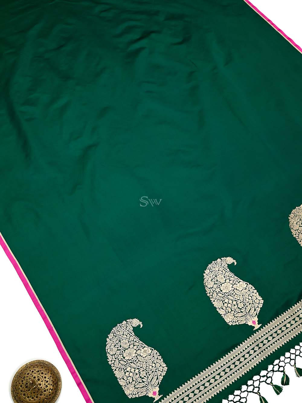 Bottle Green Plain Satin Silk Handloom Banarasi Saree - Sacred Weaves