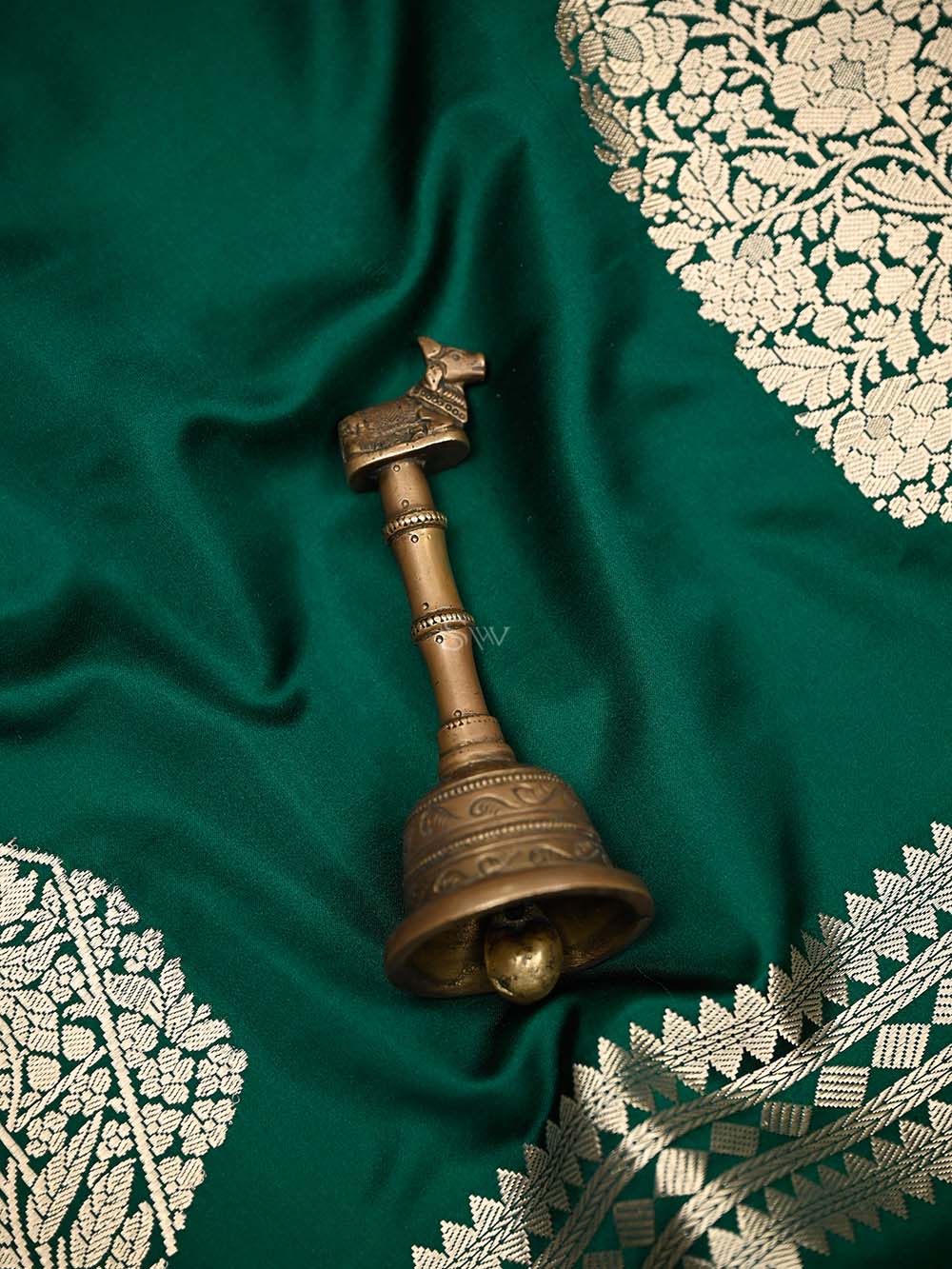 Bottle Green Plain Satin Silk Handloom Banarasi Saree - Sacred Weaves