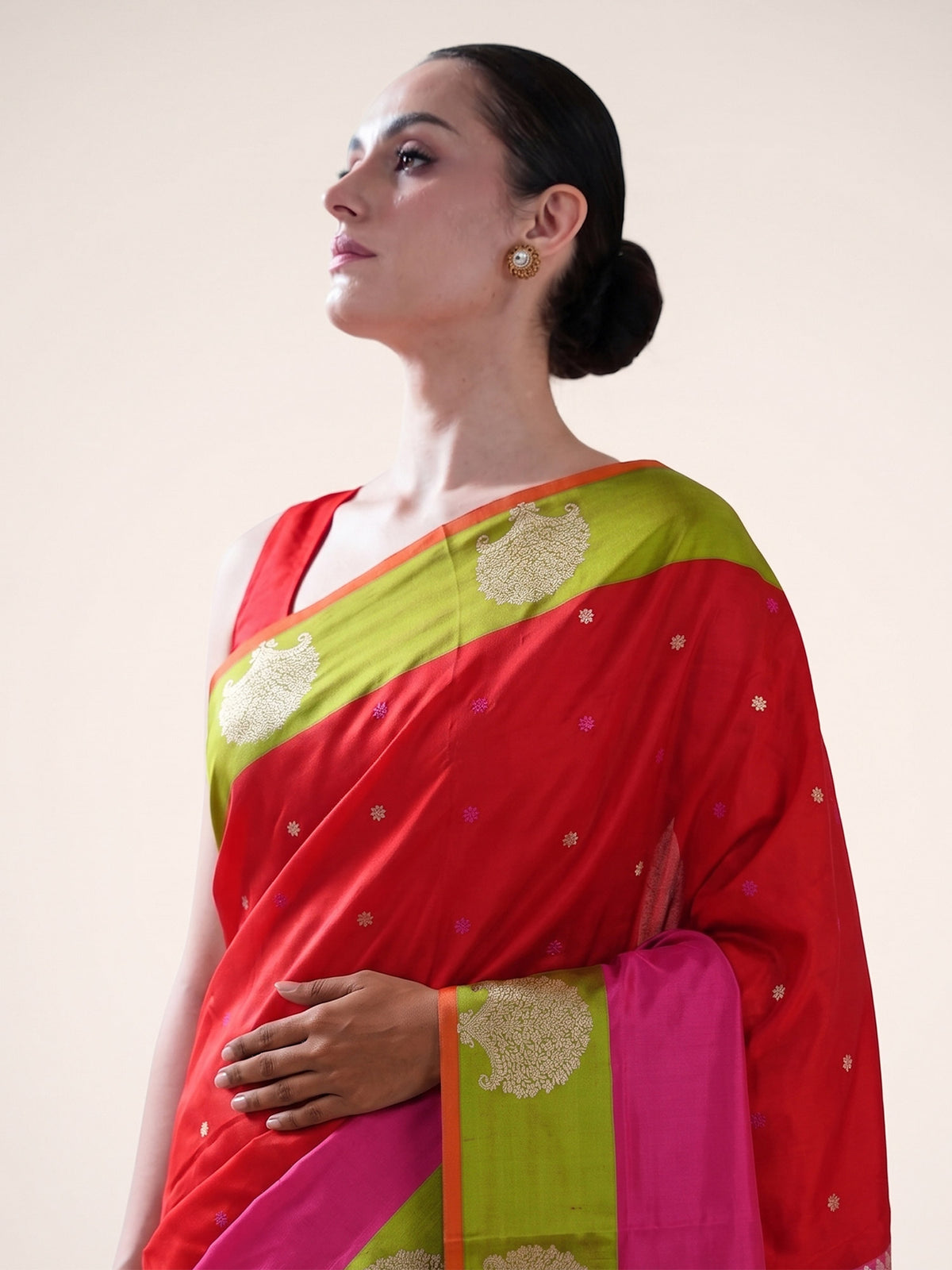 Red Pink Booti Satin Silk Handloom Banarasi Saree - Sacred Weaves