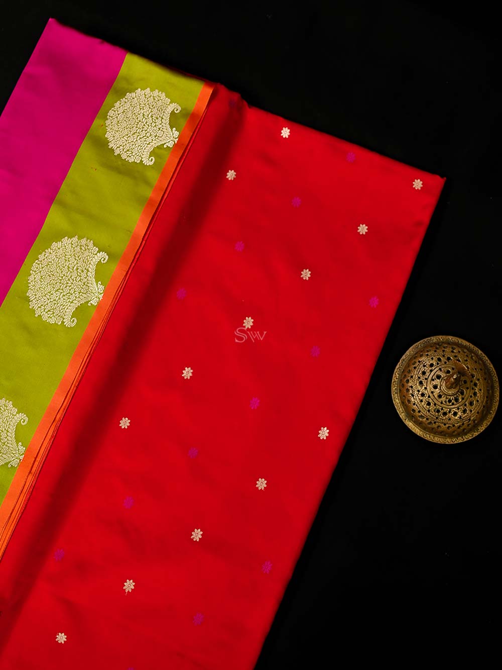 Red Pink Booti Satin Silk Handloom Banarasi Saree - Sacred Weaves