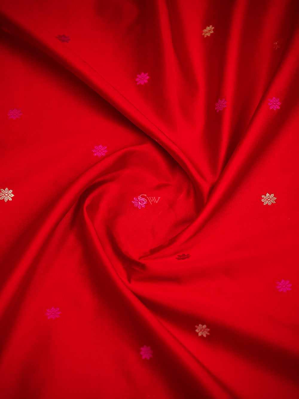 Red Pink Booti Satin Silk Handloom Banarasi Saree - Sacred Weaves