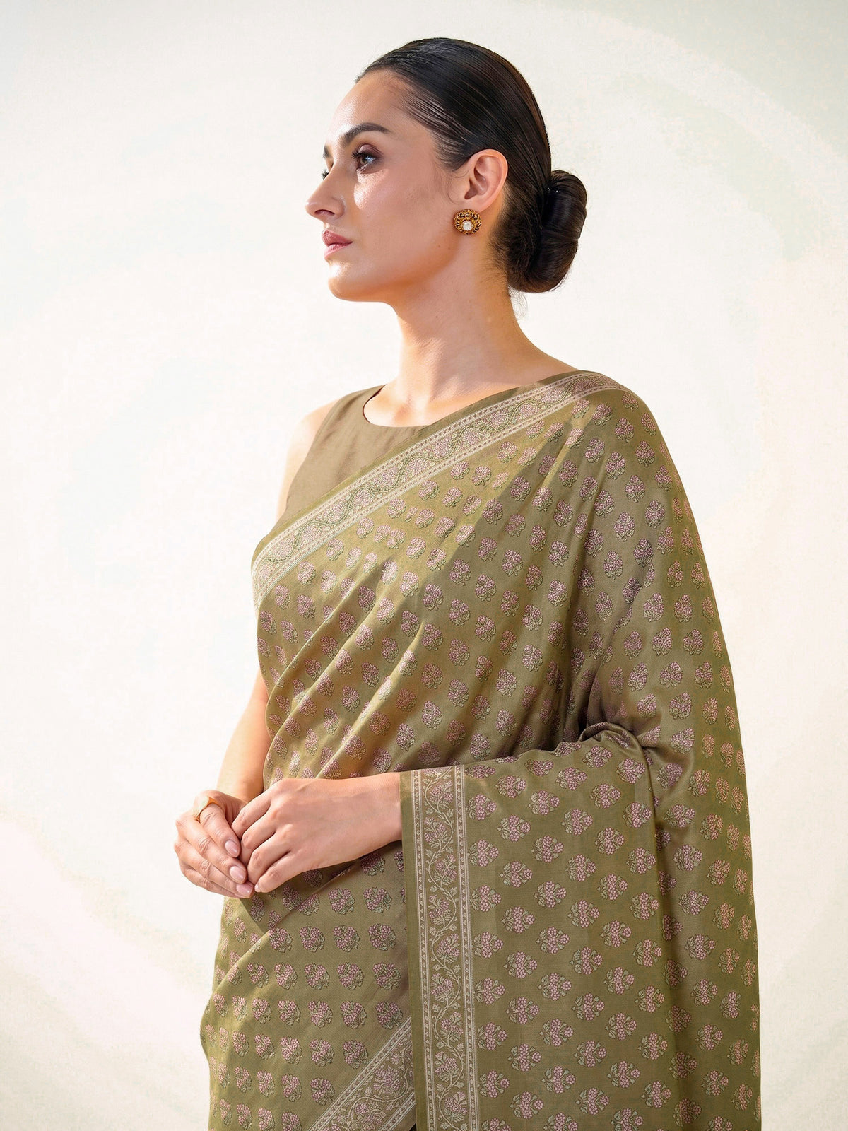 Dark Olive Floral Tanchoi Silk Handloom Banarasi Saree - Sacred Weaves